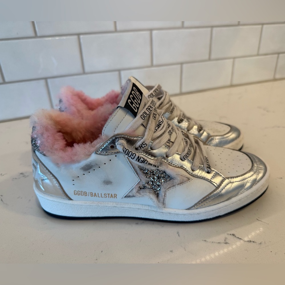 Golden Goose White Silver Sneakers with Pink Shearling
